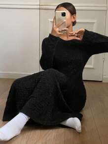 DAZY Long Fitted Knitted Fleece Loungewear Dress For Winter Pajama - Black - View 5