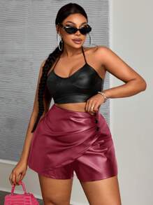 Slaydiva Plus Size Asymmetric Pleated Button Decor Plain PU Shorts For Commuting And Business, Autumn/Winter