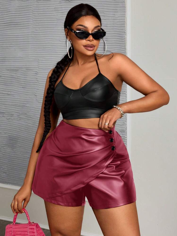 Slaydiva Pantalón corto de PU liso con adorno de botones y pliegues asimétricos, para uso en la oficina y el día a día, tallas grandes, otoño/invierno - Burdeos - Añade 4