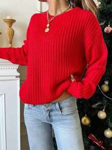 Chiquease 新款宽松休闲纯色圆领时尚毛衣，女士秋冬针织套头衫 - 紅色 - 查看 5