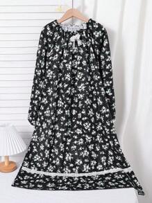 Girls' Long Sleeve Nightgown With Ditsy Floral, Lace Trim, Maxi Length Nightdress For Spring & Autumn - Black - View 1