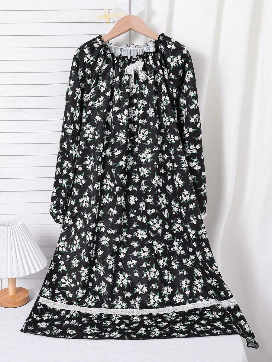 Girls' Long Sleeve Nightgown With Ditsy Floral, Lace Trim, Maxi Length Nightdress For Spring & Autumn - Black - View 1