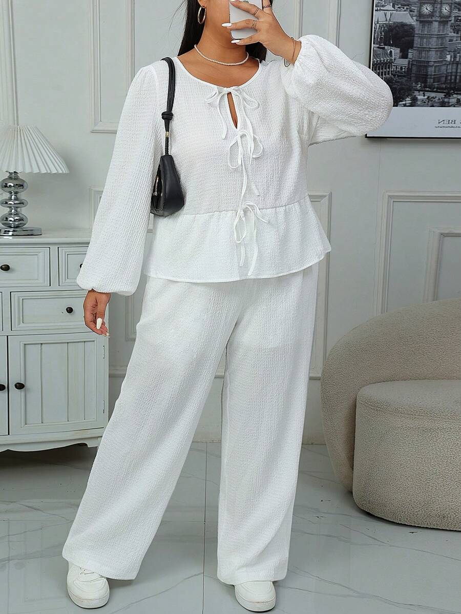 INAWLY Plus Size Solid Color Front Tie Long Sleeve Casual Top And Pants 2pcs Set Fall Cloth For Women - White - View 1
