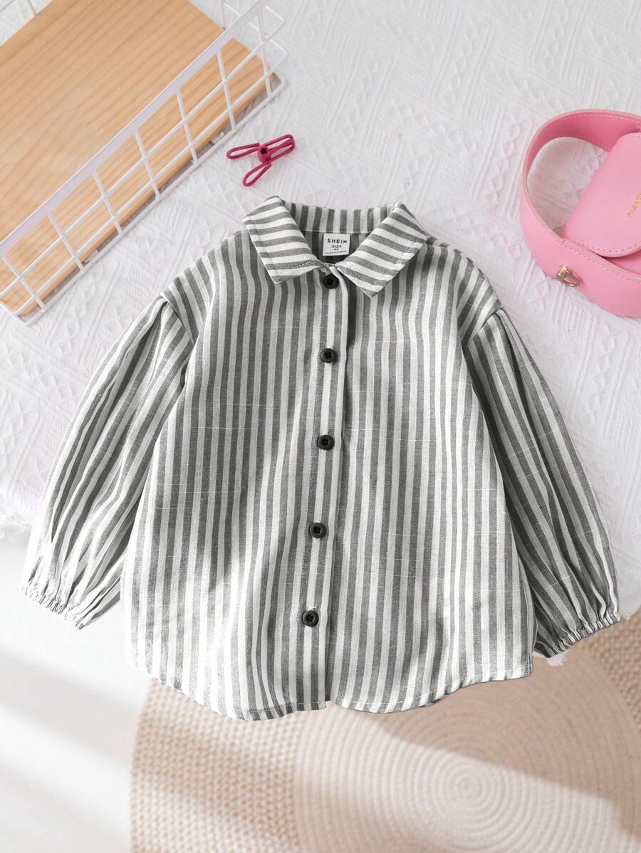 SHEIN LMoss Kids Áo sơ mi dài tay rộng rãi cổ bẻ kẻ sọc dệt LMoss Young Girl Young Girl - màu đen - Xem 1