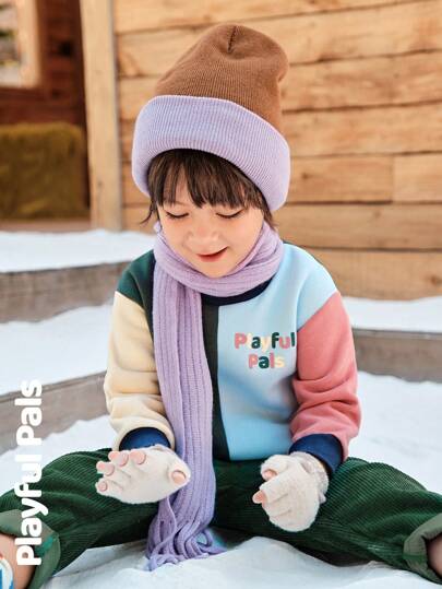 SHEIN Set de 2 piezas de sudadera con capucha de cuello redondo de manga larga con bloques de color y pantalón recto con forro de peluche para niñas, para otoño/invierno