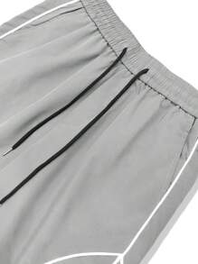 Manfinity Hypemode 男式宽松字母拼接细节撞色滚边翻盖口袋侧边工装裤 - 淺灰色 - 查看 7