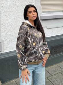 SHEIN EZwear Women Front Zipper Long Sleeve Solid Color Patchwork Minimalist Hooded Casual Sweatshirt - Multicolor - View 4