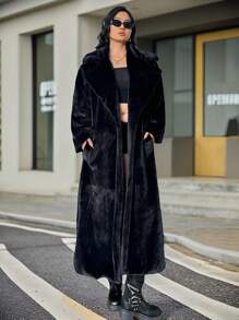 SHEIN EZwear Áo khoác mùa đông dài tay cổ lông cỡ lớn có túi - màu đen - Xem 5