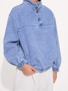 Tween Boy Casual Basic Comfortable Soft Denim Bomber Jacket, Suitable For Daily Wear - Medium Wash - View 4