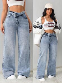SHEIN Tall Women's Jeans Casual Loose Straight Trousers Blue Fleece Trousers Winter Jeans Thermal Denim Teddy Denim Teddy Thermal Fuzzy Fleece Teddy Women Jeans Low Rise Jeans Baggy Jeans Winter Women Clothes Thermal - Medium Wash - View 7