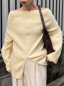 FRIFUL 1 件女式圆领前拉链落肩长袖毛衣，纯色，秋冬 - 杏色 - 查看 7