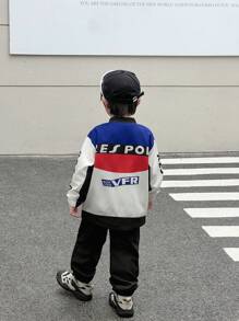 SHEIN Set de 2 piezas Chaqueta de motocicleta de color contrastante y pantalones deportivos casuales cómodos para niños, estilo fresco y elegante, corte holgado, tacto suave, apropiado para la escuela, salidas en primavera y otoño