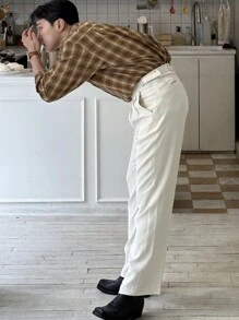 DAZY 男士前扣衬衫领长袖格子休闲上衣 - 棕色 - 查看 9