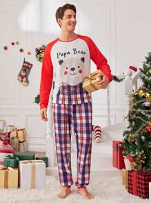 2pcs Men Casual Plaid Print Long Pants And Cute Bear Patch Raglan Sleeve Top Loungewear Set, For Christmas