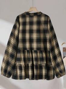 SHEIN LUNE 大码女式格子 V 领荷叶边下摆衬衫，秋季女式衬衫 - 黑色 - 查看 2