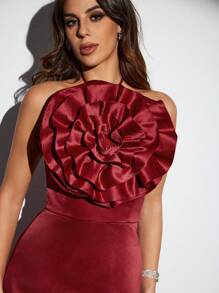 JIAN LASALA 女士红色短款连衣裙派对圆领无袖纯色、拼色夸张荷叶边、拉链、露背夏季女装夏季连衣裙女士太阳裙度假装外出、婚礼宾客礼服女士 - 紅色 - 查看 8