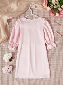 Young Girls Light Pink Minimalist Lovely Knitted Round Neck Contrast Lace Nightgown Loungewear - Baby Pink - View 7
