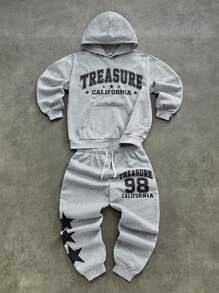 SHEIN 2 stuks/set tienerjongens losse patroon hoodie en joggingbroek set