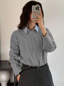 DAZY Autumn New Round Neck Solid Color Sweater For Women - Grey - View 4