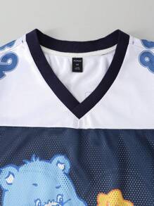 ROMWE MEN ROMWE X Care Bears 男式卡通熊印花拼色短袖运动足球球衣款式 T 恤，网眼面料，带光泽面板 - 藏蓝色 - 查看 6