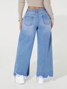 SHEIN SXY 女式破洞阔腿宽松休闲牛仔裤，带口袋 - 中等水洗藍 - 查看 3