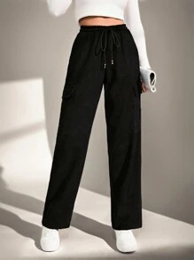 EURMUSE Comfortable And Convenient Pockets Elastic Waist Tie Corduroy Trousers - Black - View 1