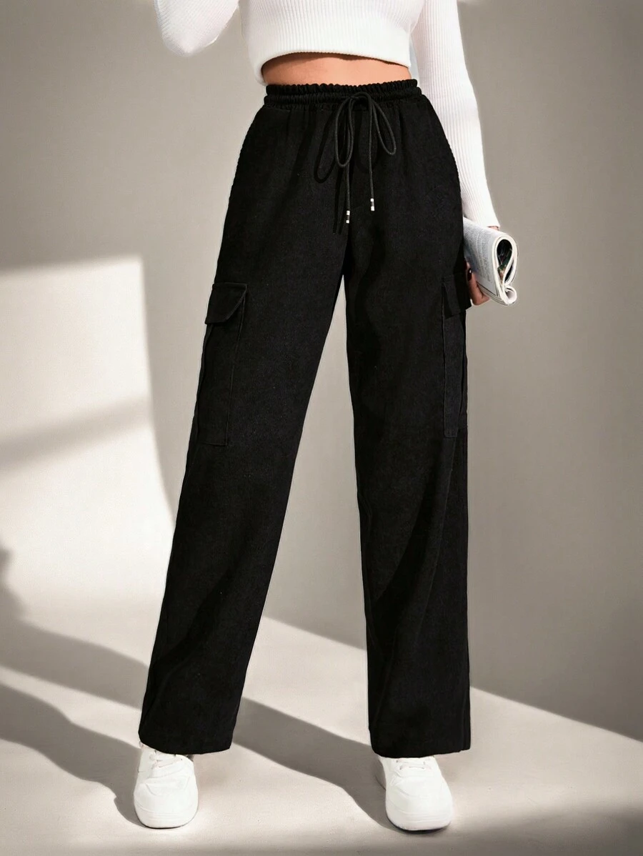 EURMUSE Comfortable And Convenient Pockets Elastic Waist Tie Corduroy Trousers - Black - View 1