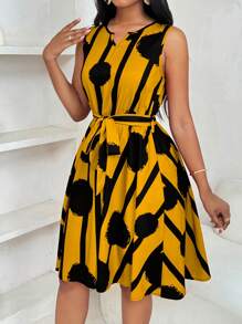 INAWLY 女士优雅几何印花系腰喇叭迷你连衣裙