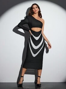 Keshae Trotter 1 pièce Robe casual longue asymétrique à manches longues et col creux en blocs de couleur pour femmes, tenue minimaliste pour le quotidien, les vacances, les fêtes, les anniversaires, le printemps et l'été, la plage, les festivals, Ibiza, les bals - Noir et Blanc - Voir 6
