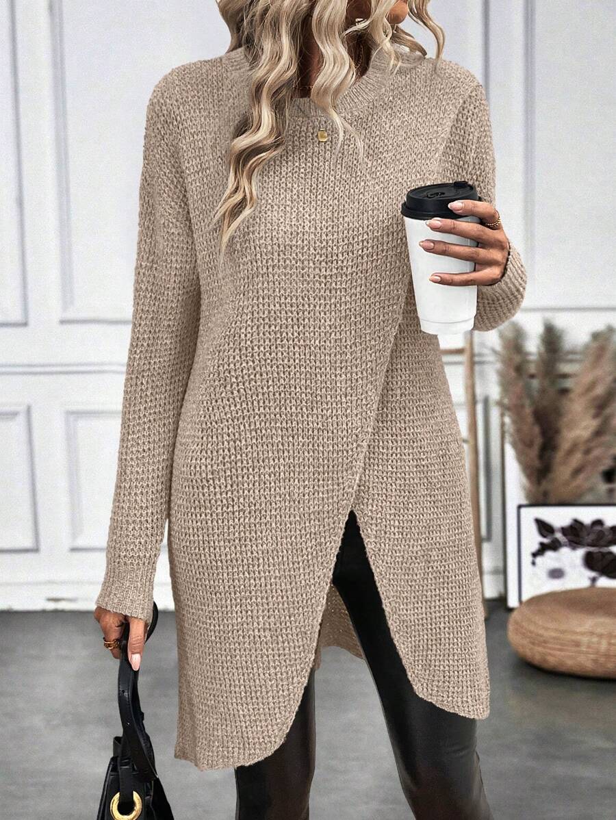 SHEIN LUNE 1 pieza Suéter elegante de mujer de punto con abertura lateral texturizada, suéter de punto para otoño e invierno - Camel - Ver 1
