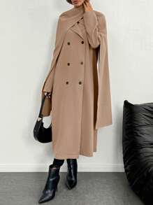 SHEIN Clasi Wrap Scarf Cape Double-Breasted Straight Long Coat Fall Cloth For Women - Khaki - View 1