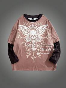 Manfinity VCAY 加大码男式宽松骷髅与蝴蝶印花仿层长袖针织图案 T 恤，都市街头服饰