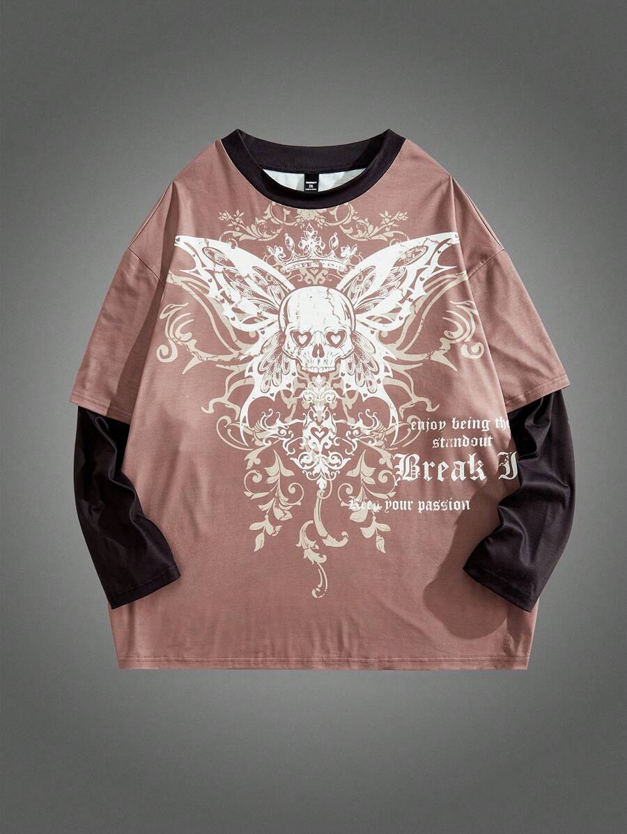 Manfinity VCAY 加大码男式宽松骷髅与蝴蝶印花仿层长袖针织图案 T 恤，都市街头服饰