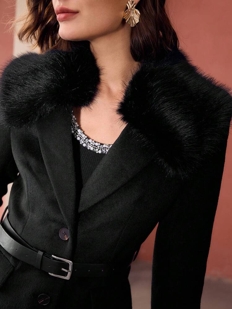 CONTRAST FLUFFY COLLAR SINGLE BREASTED PLACKET BLAZER WITH BELT