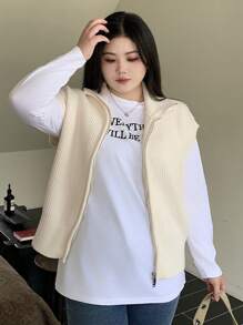 Dazy Petite Plus Plus Size Women Double-Zipper Loose Solid Color Turtleneck Sleeveless Cardigan, Autumn/Winter