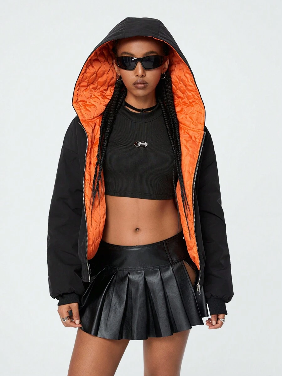 SHEIN EZwear Women's Fall/Winter Rapper Corta Vento Color-Blocked Quilted,Black Coat - Black - View 1