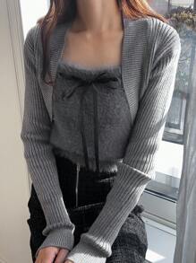 FRIFUL 2pcs Women Solid Color Long Sleeve Cardigan And Bow Decor Camisole Knit Top Set, Autumn/Winter