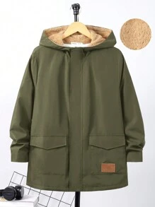 SHEIN 1pc Teen Boy Casual Loose Fit Thermal Lined Lightweight Long Jacket For Teenage Boys, Suitable For Autumn And Winter, Great For Outdoor - Army Green - View 6