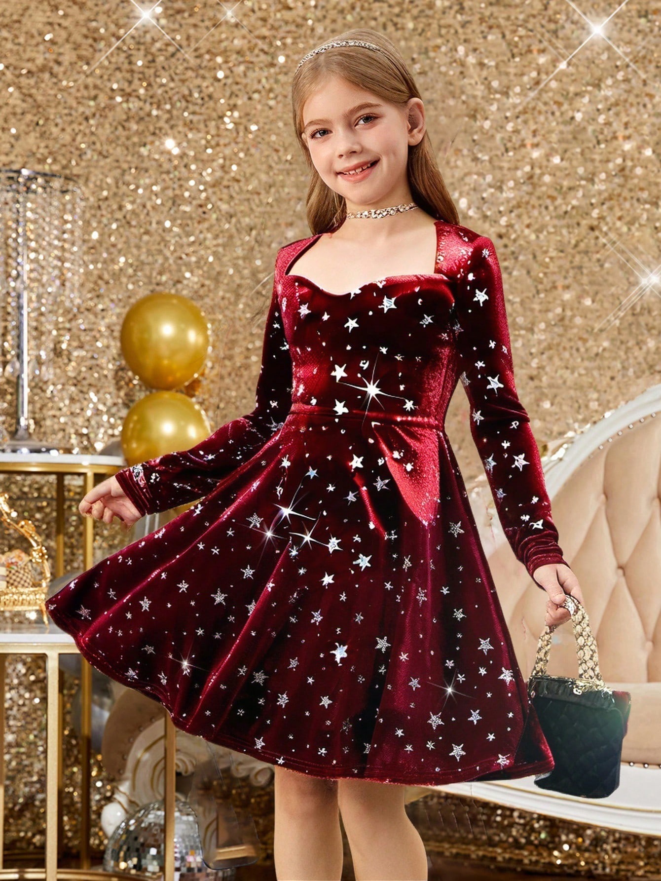 فستان سهرة مربع الرقبة للبنات المراهقات، مزين بالت...