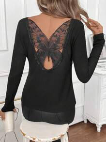 SHEIN LUNE Camiseta de manga larga de mujer con cuello redondo, de unicolor, con inserciones de malla y espalda descubierta - Negro - Ver 4