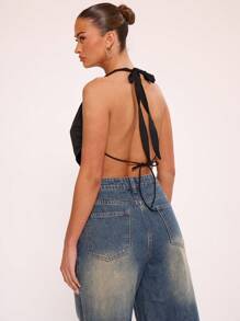 MUSERA Deep Plunge Cowl Halter Neck Tie Open Back Crop Halter Top Summer Ibiza Festival Spring Holiday Vacation Boho - Black - View 3