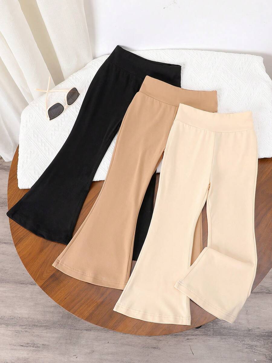 SHEIN Explorewe 3件套少女休闲纯色高腰喇叭裤，适合春秋季、校园、学院风等场合穿着，秋冬季时尚百搭。 - 彩色 - 查看 1