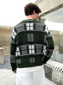 Manfinity Hypemode Men's Letter & Plaid Pattern Round Neck Casual Sweater, Autumn/Winter - Multicolor - View 4