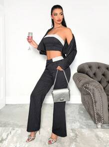 Zolique 3pcs Women Elegant Commuter Outfit Including Striped Collar Long Sleeve Jacket, Contrast Color Tube Top, And Pants, Autumn - Dark Grey - View 4