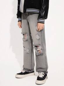 Lässige, vielseitige, minimalistische, zerrissene, lockere, gerade, graue, bequeme, verwaschene Jeans für Tween Jungen, geeignet für den Alltag - Hellgrau - Übersicht 2