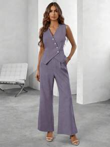 SHEIN Clasi Women Casual Commuting Solid Color Vest & Pants 2 Pieces Suit Set - Purple - View 3