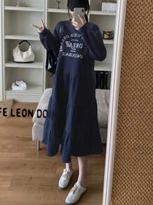 DAZY Women Casual Letter Print Ruffle Hem Mini Dress, Suitable For Autumn,Back To School Clothes,Fall Women Clothes Long Sleeve Dress