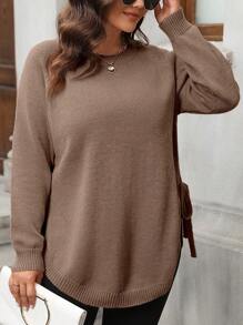 SHEIN LUNE Plus Size Women Solid Color Raglan Sleeve Casual Pullover Sweater, Autumn/Winter Knit Pullover Fall - Brown - View 5