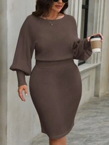 SHEIN LUNE 大码女式纯色圆领蝙蝠袖长袖修身优雅毛衣连衣裙，秋冬 - 巧克力棕 - 查看 4
