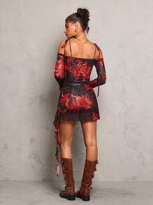 Glamine Abstract Flowers Print Asymmetric Neckline Tie Shoulder Dress,Strap Ruffle Hem Asymmetric Long Sleeve Dress For Women,  Elegant Outfit For Daily Dates, Clubbing, Party And Christmas,New Years Events Clothes,Autumn/Winter Clothes For Women - Multicolor - View 3